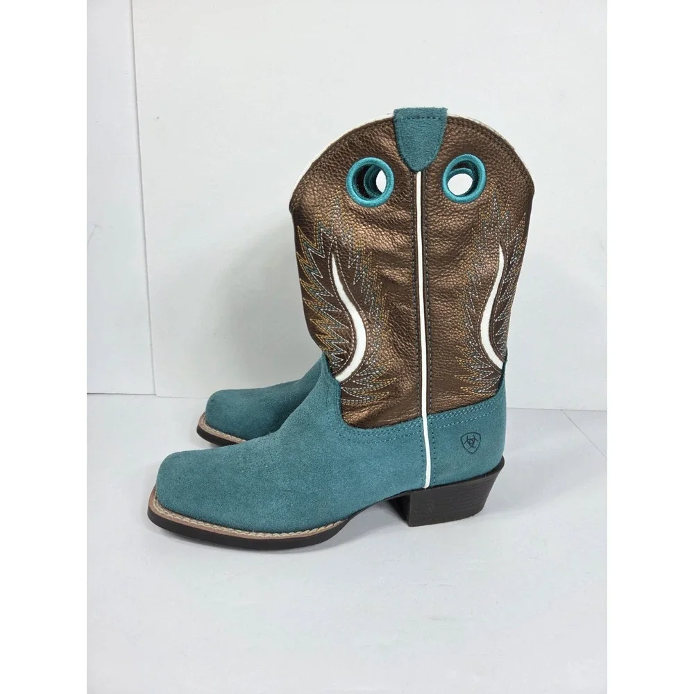 Ariat Kids Fort Worth Boot Sz 2 Y Blue Suede Leather Cowboy Western Girls